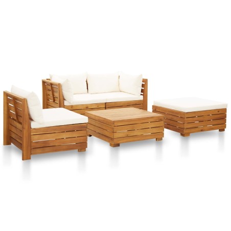 vidaXL Muebles de jardín 5 pzas y cojines madera acacia blanco crema 