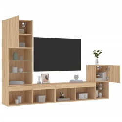 vidaXL Muebles TV pared con LED 4 pzas madera ingeniería roble Sonoma