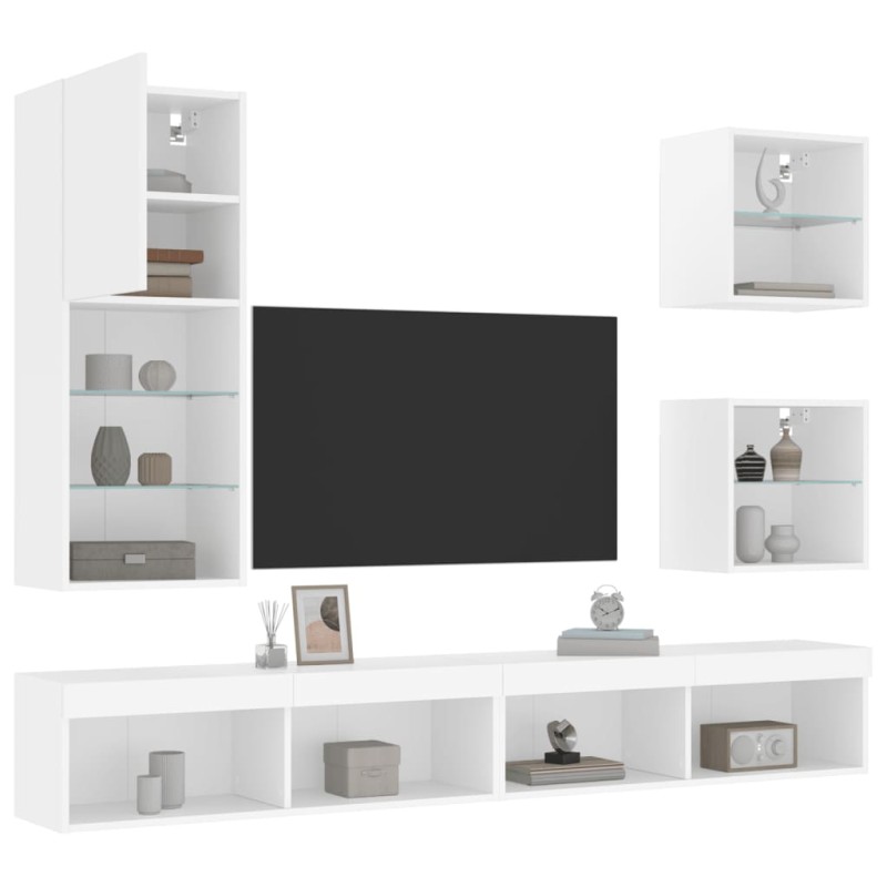 vidaXL Muebles de TV de pared con LED 5 pzas madera ingeniería blanco