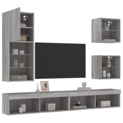 vidaXL Muebles TV pared con LED 5 pzas madera ingeniería gris Sonoma