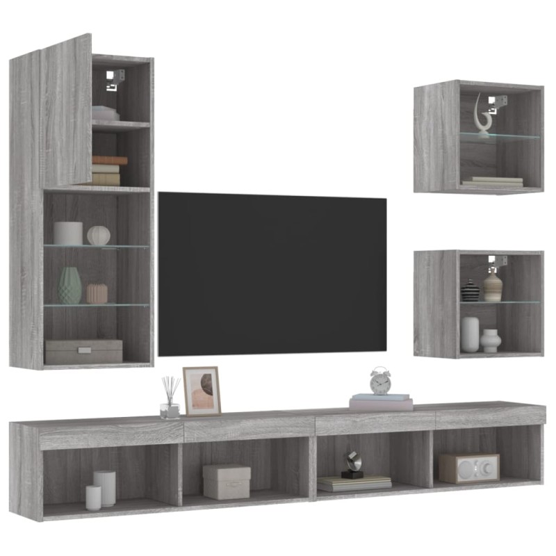 vidaXL Muebles TV pared con LED 5 pzas madera ingeniería gris Sonoma vidaXL Muebles TV pared con LED 5 pzas madera ingeniería gris Sonoma