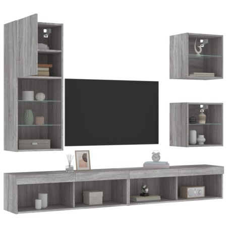 vidaXL Muebles TV pared con LED 5 pzas madera ingeniería gris Sonoma