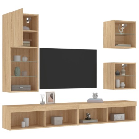 vidaXL Muebles TV pared con LED 5 pzas madera ingeniería roble Sonoma