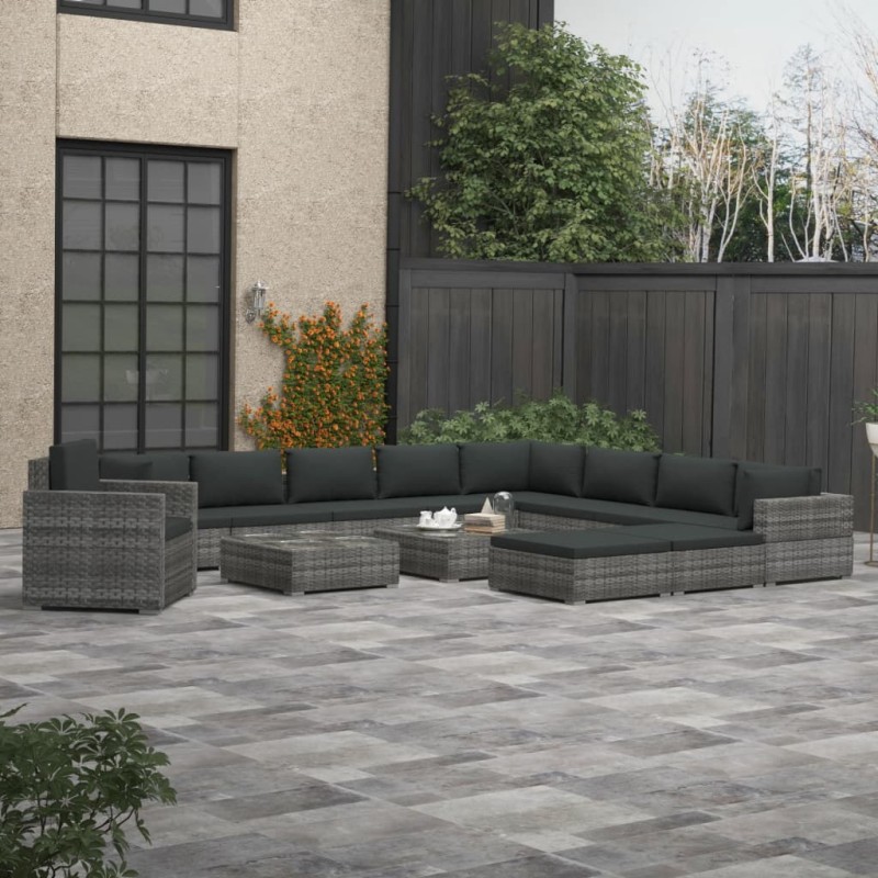 vidaXL Set de muebles de jardín 13 pzs y cojines ratán sintético gris vidaXL Set de muebles de jardín 13 pzs y cojines ratán sintético gris