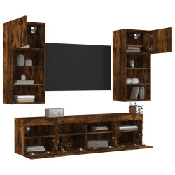 vidaXL Muebles TV pared con LED 5 pzas madera ingeniería roble ahumado
