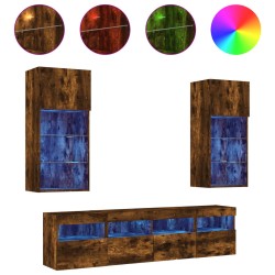 vidaXL Muebles TV pared con LED 5 pzas madera ingeniería roble ahumado