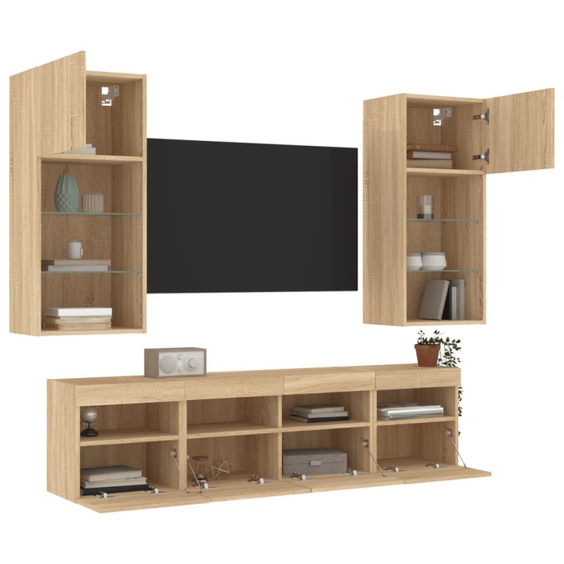 vidaXL Muebles TV pared con LED 5 pzas madera ingeniería roble Sonoma vidaXL Muebles TV pared con LED 5 pzas madera ingeniería roble Sonoma