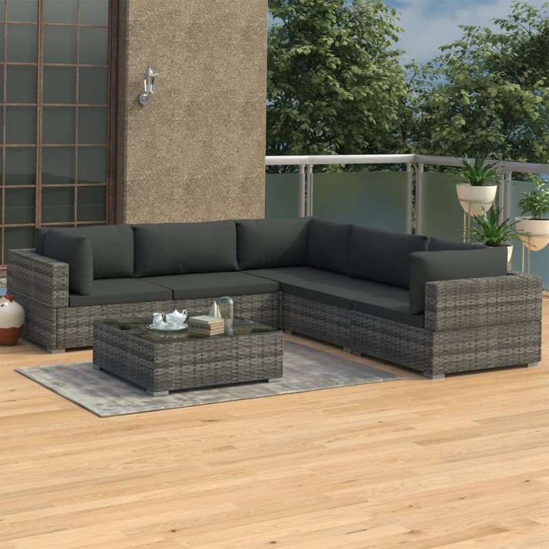 vidaXL Set de muebles de jardín 6 pzas y cojines ratán sintético gris