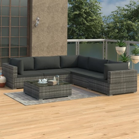 vidaXL Set de muebles de jardín 6 pzas y cojines ratán sintético gris