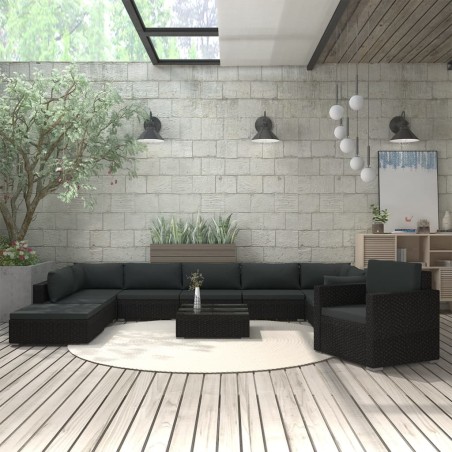 vidaXL Muebles de jardín de 11 pzas con cojines ratán sintético negro