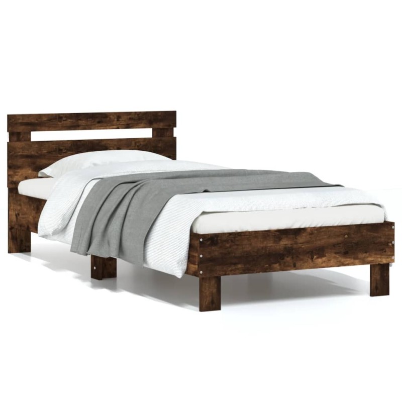 vidaXL Estructura de cama cabecero luces LED roble ahumado 75x190 cm vidaXL Estructura de cama cabecero luces LED roble ahumado 75x190 cm