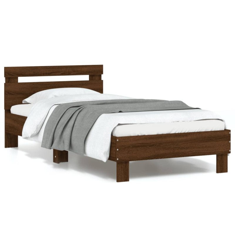 vidaXL Estructura de cama cabecero luces LED roble marrón 90x200 cm