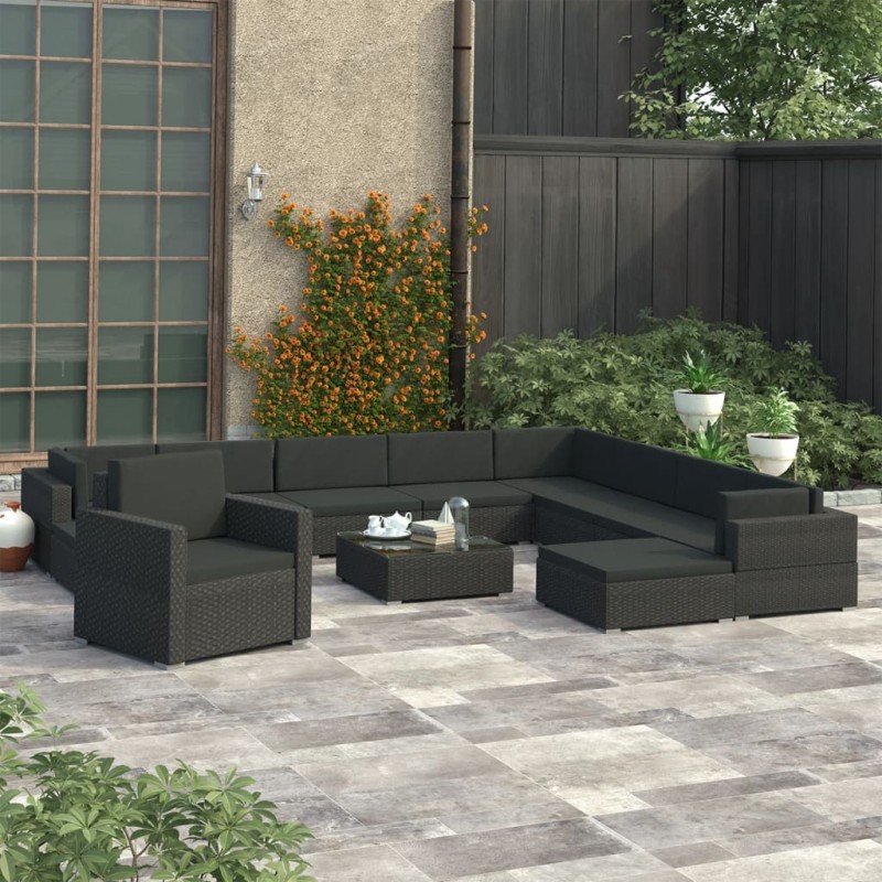 vidaXL Set muebles de jardín y cojines 12 pzas ratán sintético negro vidaXL Set muebles de jardín y cojines 12 pzas ratán sintético negro