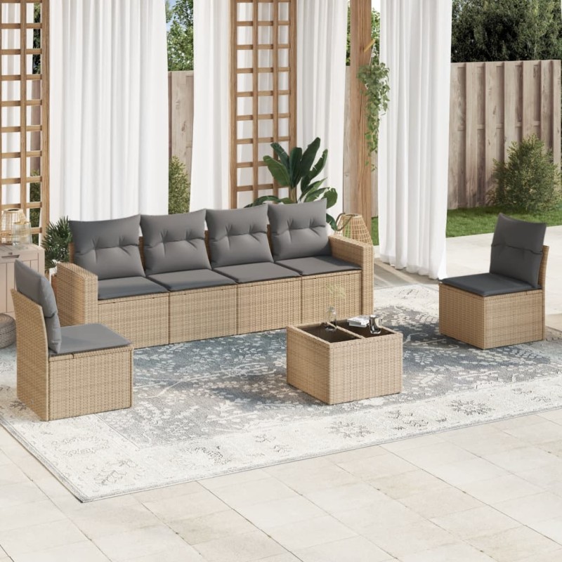 vidaXL Set sofás de jardín 7 piezas y cojines ratán sintético beige vidaXL Set sofás de jardín 7 piezas y cojines ratán sintético beige