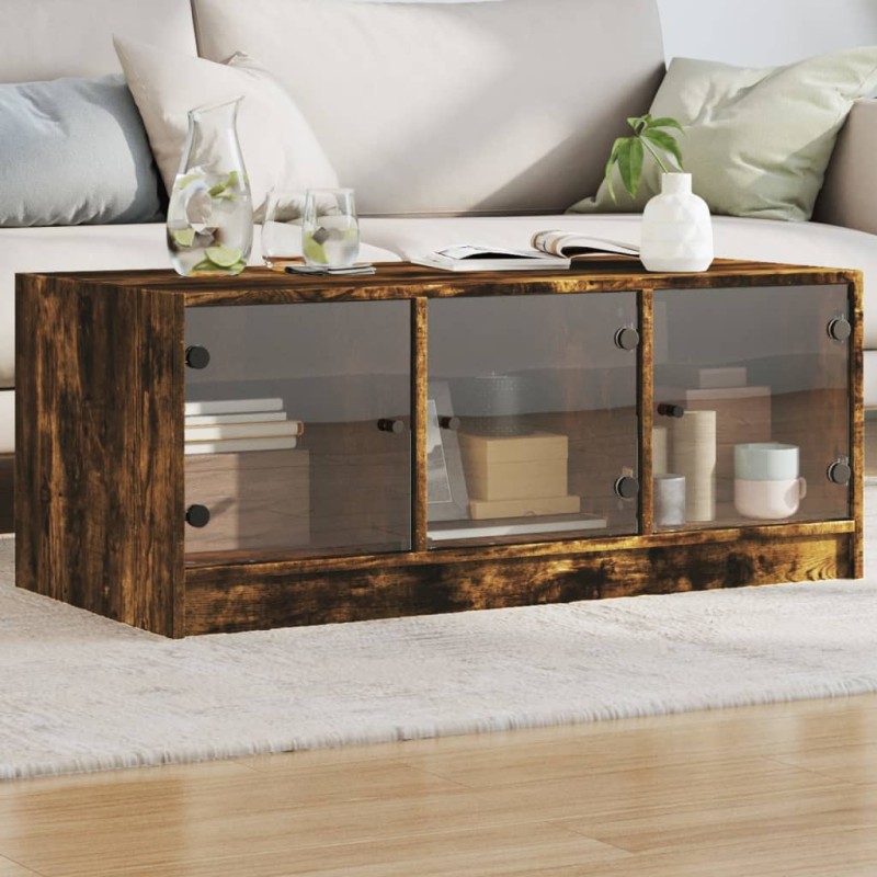 vidaXL Mesa de centro con puertas de vidrio roble ahumado 102x50x42 cm vidaXL Mesa de centro con puertas de vidrio roble ahumado 102x50x42 cm