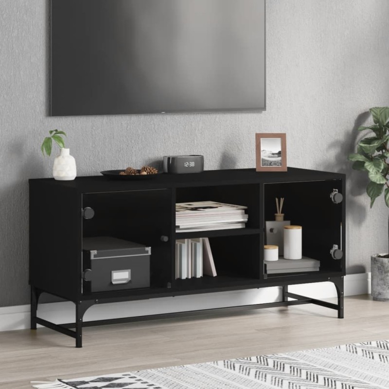 vidaXL Mueble de TV con puertas de vidrio negro 102x37x50 cm vidaXL Mueble de TV con puertas de vidrio negro 102x37x50 cm
