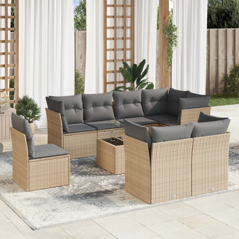 vidaXL Set de sofás de jardín 9 pzas con cojines ratán sintético beige vidaXL Set de sofás de jardín 9 pzas con cojines ratán sintético beige