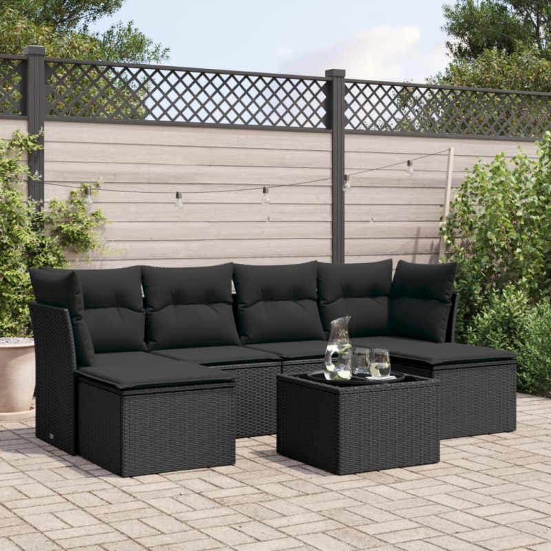 vidaXL Set de comedor de jardín 7 pzas y cojines ratán sintético negro vidaXL Set de comedor de jardín 7 pzas y cojines ratán sintético negro