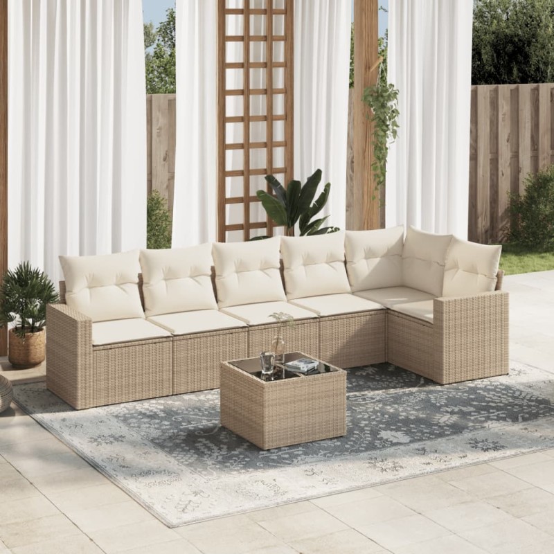 vidaXL Set sofás de jardín 7 piezas y cojines ratán sintético beige vidaXL Set sofás de jardín 7 piezas y cojines ratán sintético beige