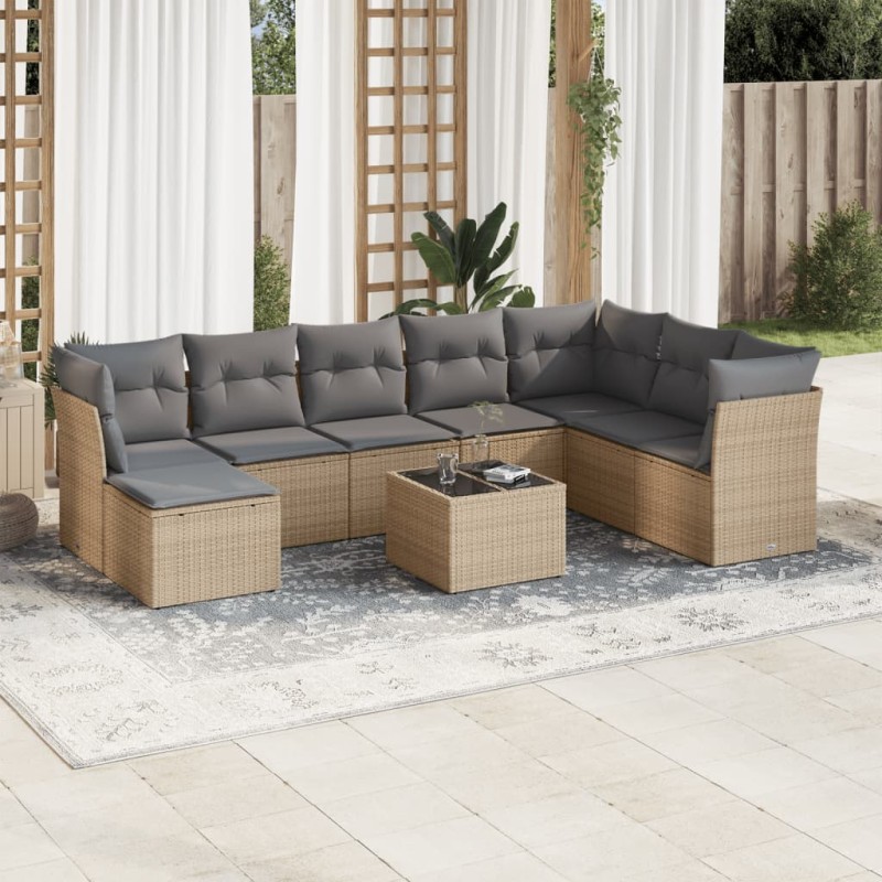vidaXL Set de sofás de jardín 9 pzas con cojines ratán sintético beige vidaXL Set de sofás de jardín 9 pzas con cojines ratán sintético beige