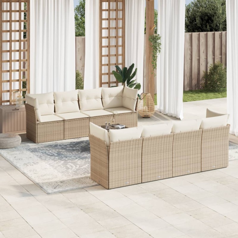 vidaXL Set de sofás de jardín 9 pzas con cojines ratán sintético beige vidaXL Set de sofás de jardín 9 pzas con cojines ratán sintético beige