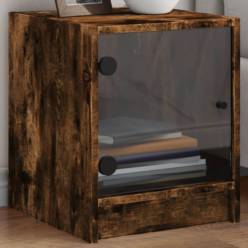 vidaXL Mesita de noche con puerta de vidrio roble ahumado 35x37x42 cm vidaXL Mesita de noche con puerta de vidrio roble ahumado 35x37x42 cm