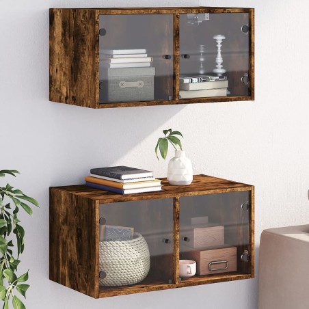 vidaXL Mueble pared puertas vidrio 2 uds roble ahumado 68,5x37x35 cm