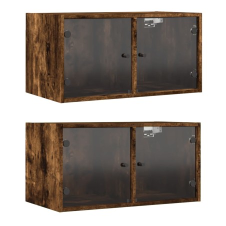 vidaXL Mueble pared puertas vidrio 2 uds roble ahumado 68,5x37x35 cm