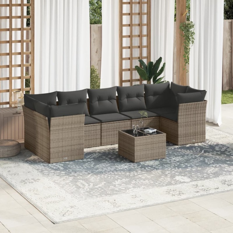 vidaXL Set de sofás de jardín 8 pzas y cojines ratán sintético gris vidaXL Set de sofás de jardín 8 pzas y cojines ratán sintético gris