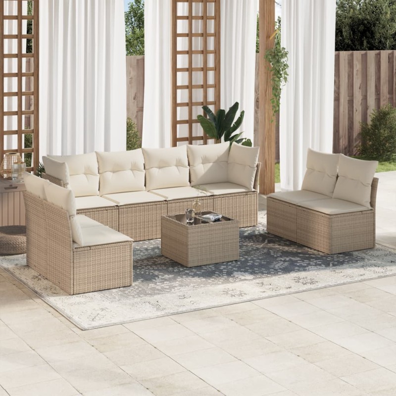 vidaXL Set de sofás de jardín 9 pzas con cojines ratán sintético beige vidaXL Set de sofás de jardín 9 pzas con cojines ratán sintético beige