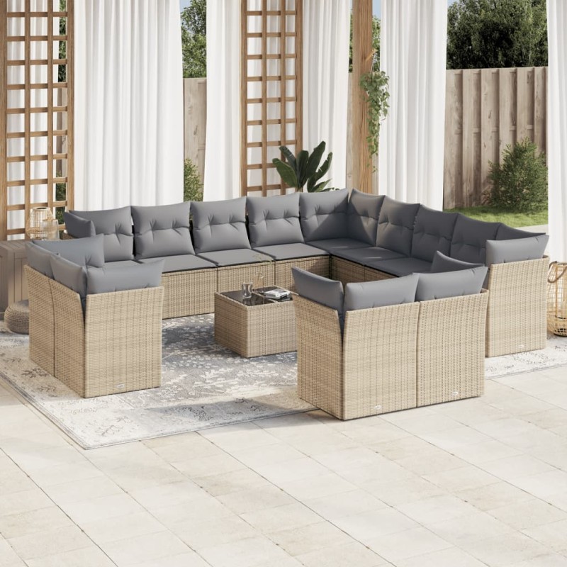 vidaXL Set sofás de jardín 14 pzas con cojines ratán sintético beige vidaXL Set sofás de jardín 14 pzas con cojines ratán sintético beige