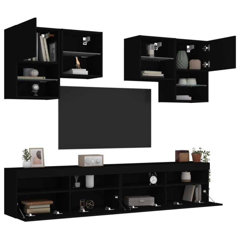 vidaXL Mueble de pared de TV con luces LED 6 piezas negro vidaXL Mueble de pared de TV con luces LED 6 piezas negro