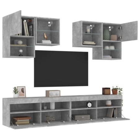 vidaXL Muebles de TV de pared con luces LED 6 piezas gris hormigón