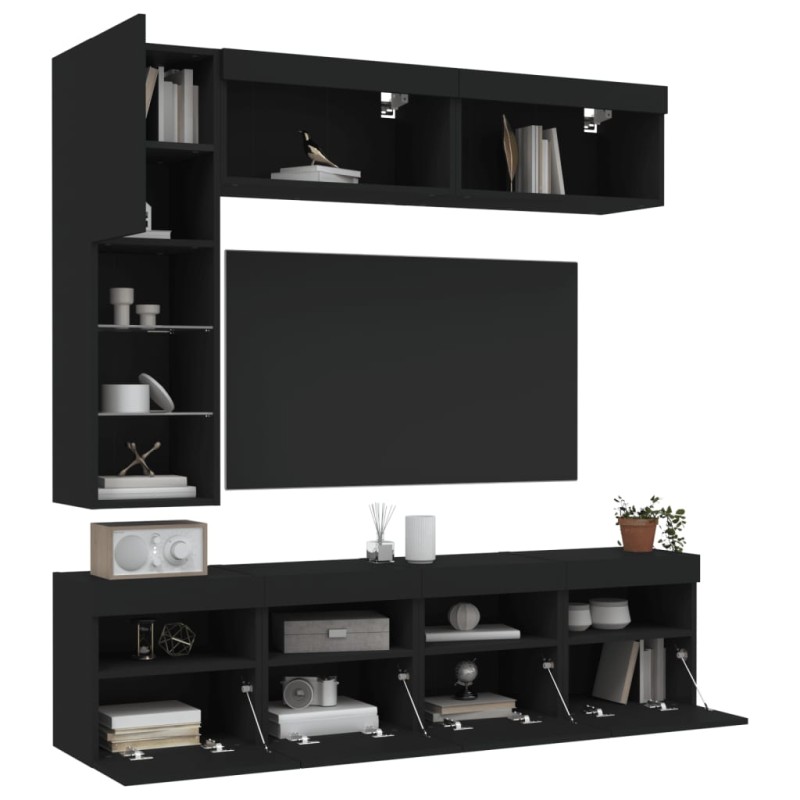 vidaXL Mueble de pared de TV con luces LED 7 piezas negro vidaXL Mueble de pared de TV con luces LED 7 piezas negro
