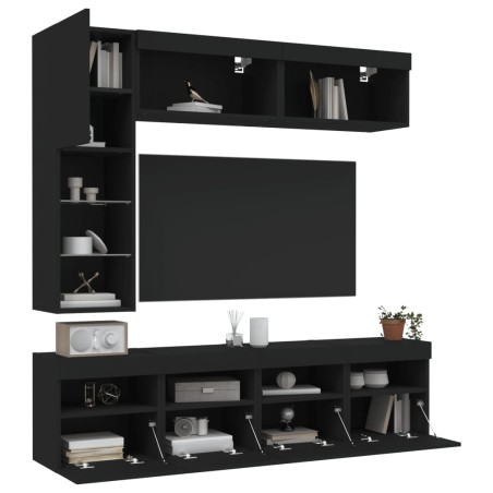 vidaXL Mueble de pared de TV con luces LED 7 piezas negro