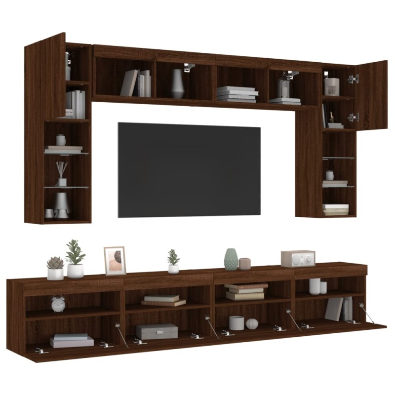 vidaXL Muebles de TV de pared con luces LED 8 piezas marrón roble