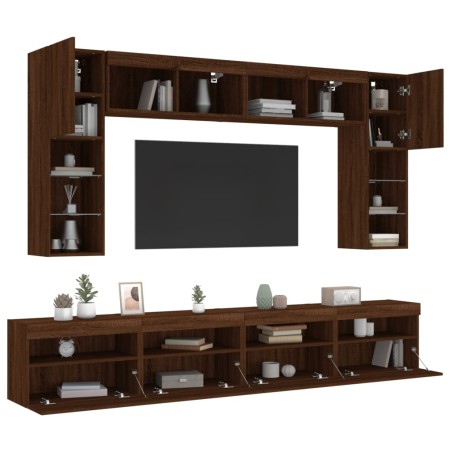 vidaXL Muebles de TV de pared con luces LED 8 piezas marrón roble