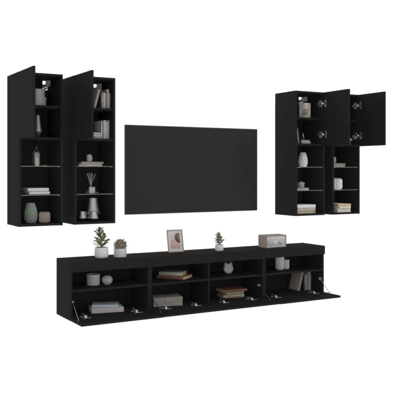 vidaXL Muebles de TV de pared con luces LED 7 piezas negro vidaXL Muebles de TV de pared con luces LED 7 piezas negro