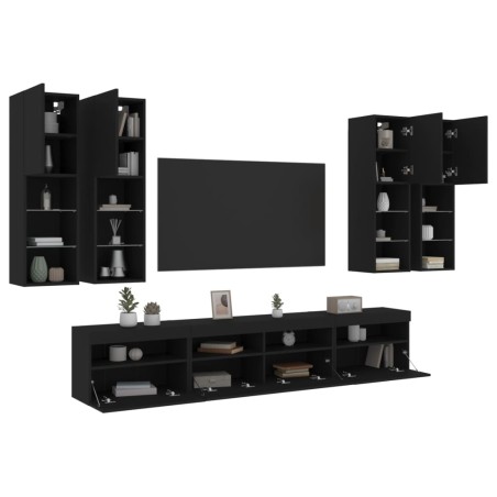 vidaXL Muebles de TV de pared con luces LED 7 piezas negro