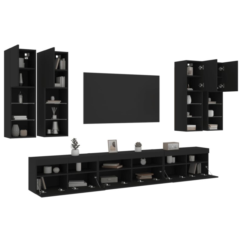 vidaXL Mueble de pared de TV con luces LED 7 piezas negro