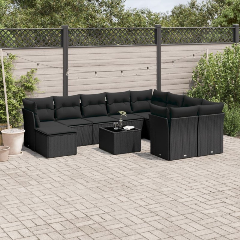 vidaXL Set de sofás de jardín 11 pzas y cojines ratán sintético negro