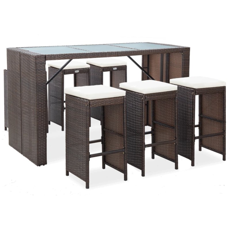 vidaXL Set de bar para jardín 7 pzas y cojines ratán sintético marrón vidaXL Set de bar para jardín 7 pzas y cojines ratán sintético marrón