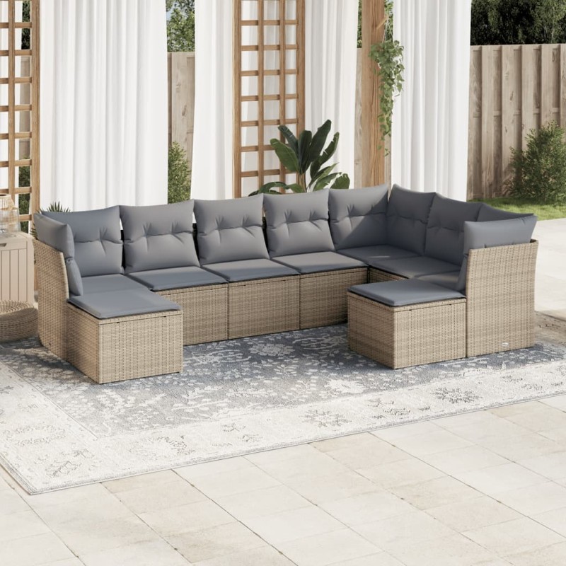 vidaXL Set de sofás de jardín 9 pzas con cojines ratán sintético beige vidaXL Set de sofás de jardín 9 pzas con cojines ratán sintético beige