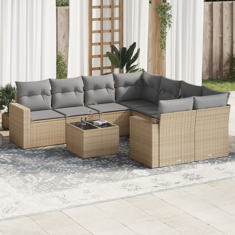 vidaXL Set de sofás de jardín 9 pzas con cojines ratán sintético beige vidaXL Set de sofás de jardín 9 pzas con cojines ratán sintético beige
