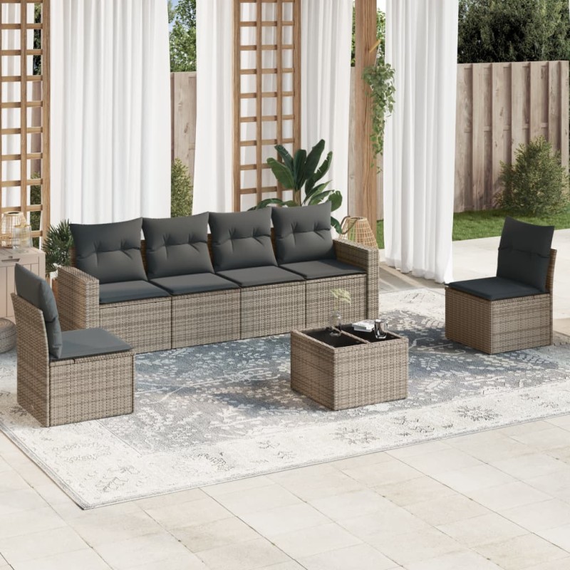 vidaXL Set de sofás de jardín 7 piezas con cojines ratán PE gris vidaXL Set de sofás de jardín 7 piezas con cojines ratán PE gris
