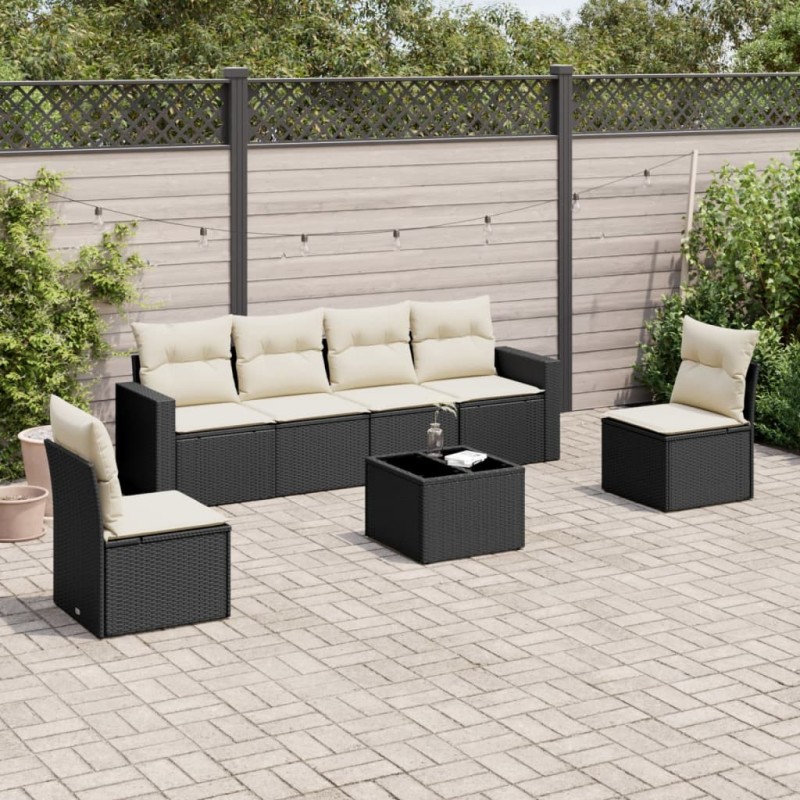 vidaXL Set de comedor de jardín 7 pzas y cojines ratán sintético negro vidaXL Set de comedor de jardín 7 pzas y cojines ratán sintético negro