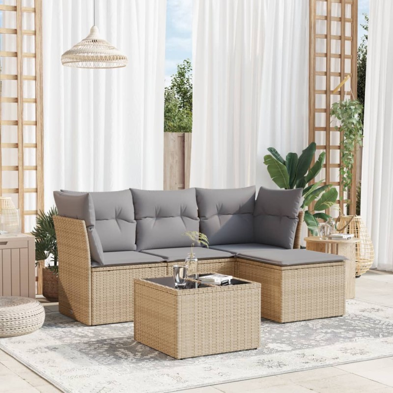 vidaXL Juego de sofás jardín con cojines 5 pzas ratán sintético beige vidaXL Juego de sofás jardín con cojines 5 pzas ratán sintético beige