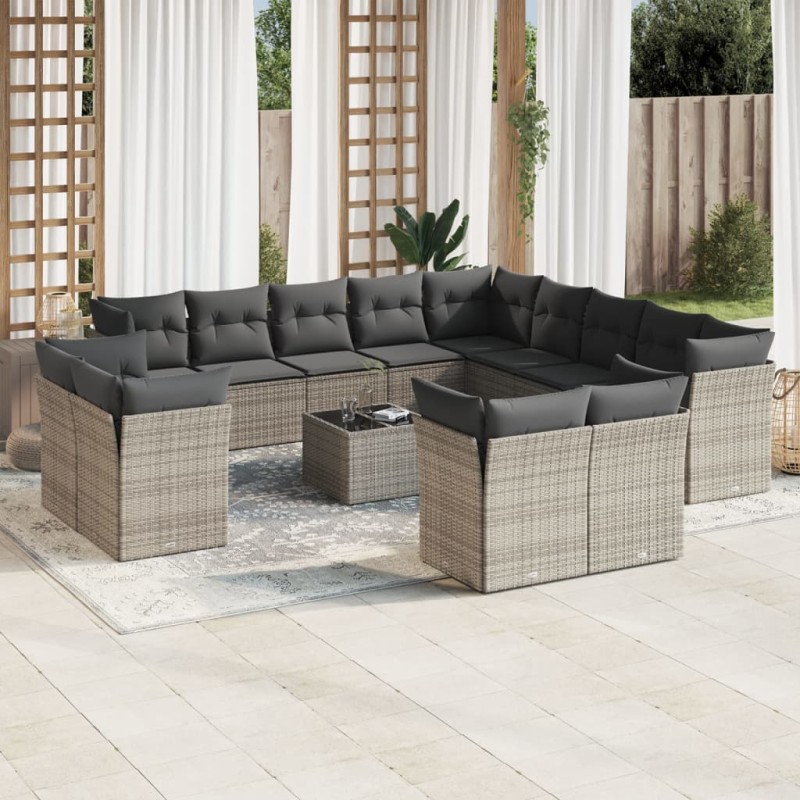 vidaXL Set de sofás de jardín 14 pzas con cojines ratán sintético gris vidaXL Set de sofás de jardín 14 pzas con cojines ratán sintético gris