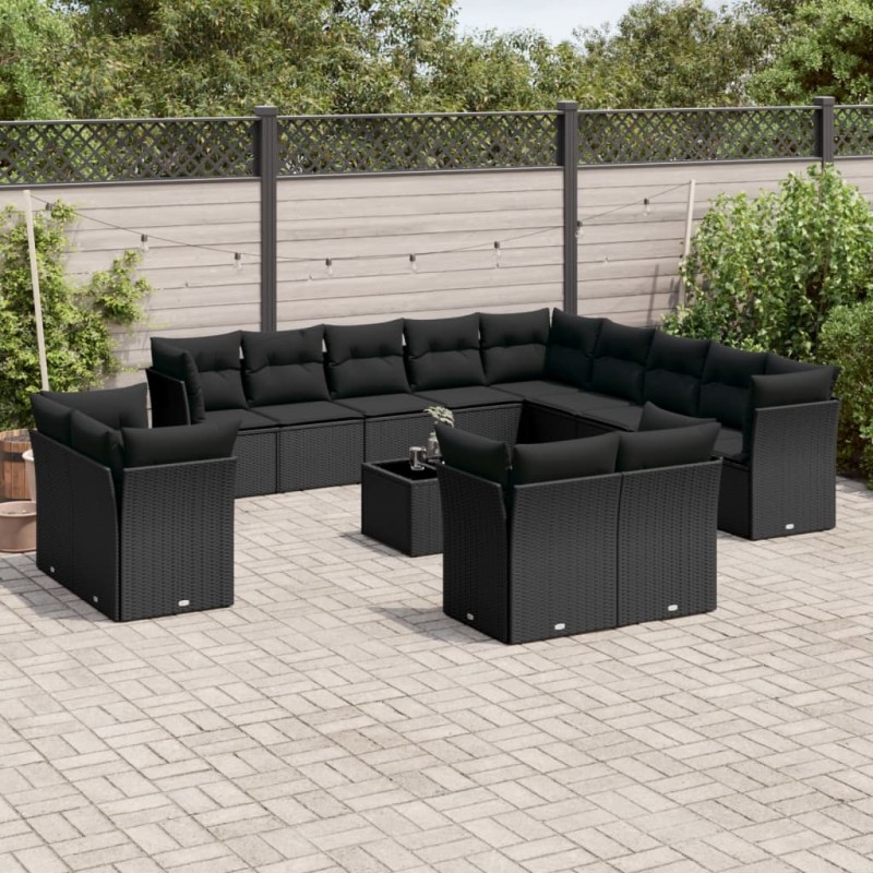 vidaXL Set sofás de jardín 14 pzas con cojines ratán sintético negro vidaXL Set sofás de jardín 14 pzas con cojines ratán sintético negro