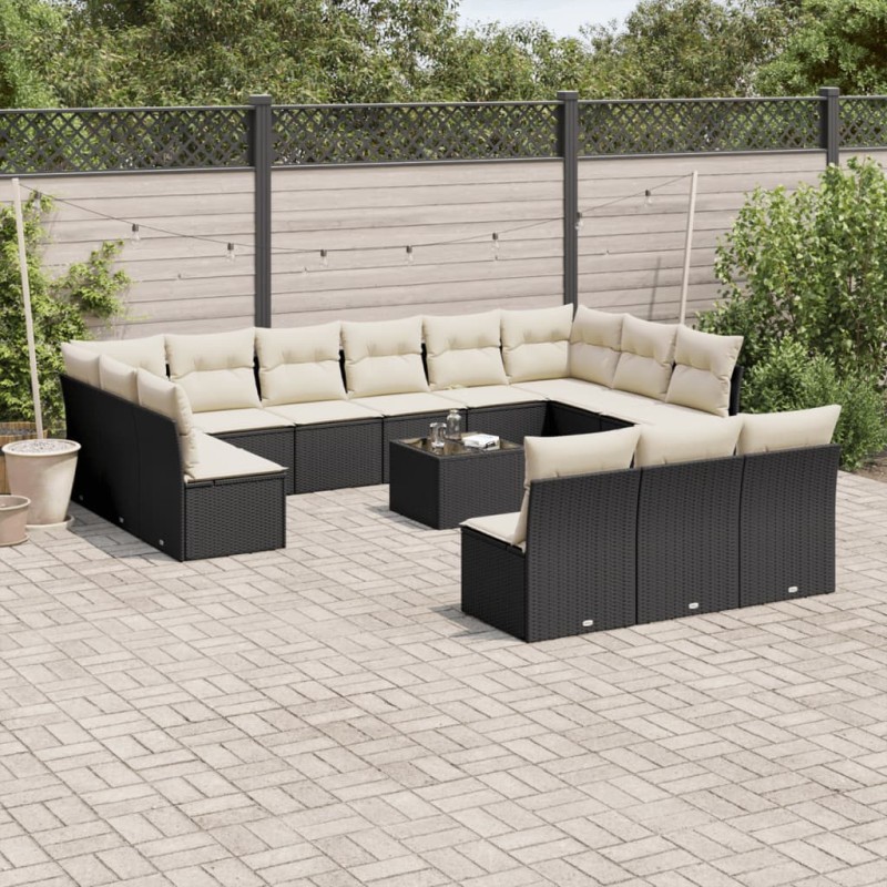 vidaXL Set sofás de jardín 14 pzas con cojines ratán sintético negro vidaXL Set sofás de jardín 14 pzas con cojines ratán sintético negro